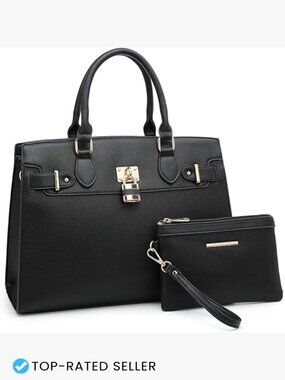Vegan Leather Satchel Tote Work Bag with Matching Clutch Adjustable Strap